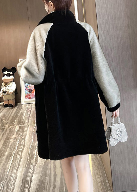 Classy Black Grey Peter Pan Collar Faux Fur Patchwork Drawstring Button Mink Velvet Leather and Fur Coats Winter