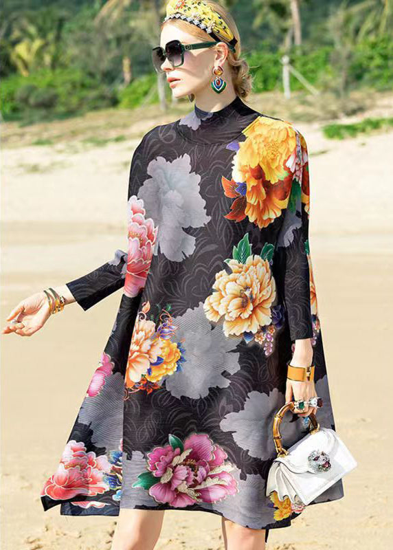 Classy Black Hign Neck Print Patchwork Cotton a Line Dress Fall