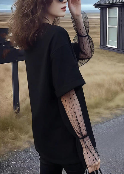 Classy Black Lace Patchwork Fake Two-Piece Top Spring