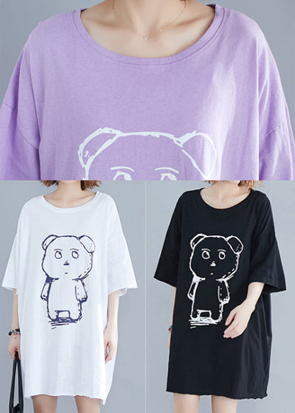 Classy Black O-neck Bear Print Cotton Mid Dresses Summer