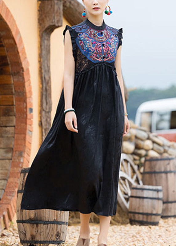 Classy Black O-neck Embroideried Wrinkled Button Dress Sleeveless