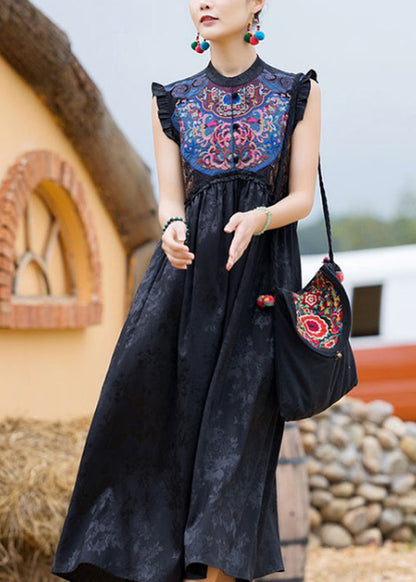 Classy Black O-neck Embroideried Wrinkled Button Dress Sleeveless