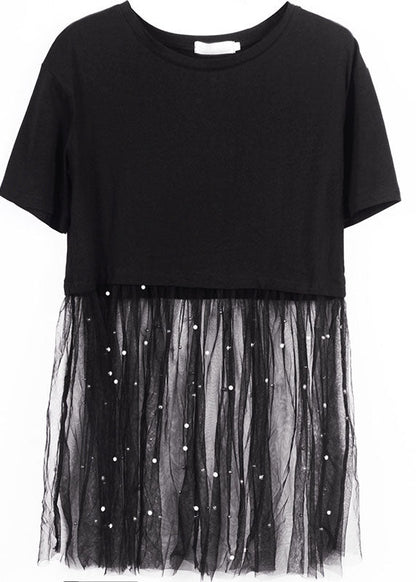 Classy Black O-neck Nail Bead Patchwork Summer Tulle Tee Short Sleeve