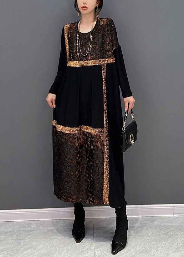 Classy Black O-neck Oversized Patchwork Cotton Long Dress Spring