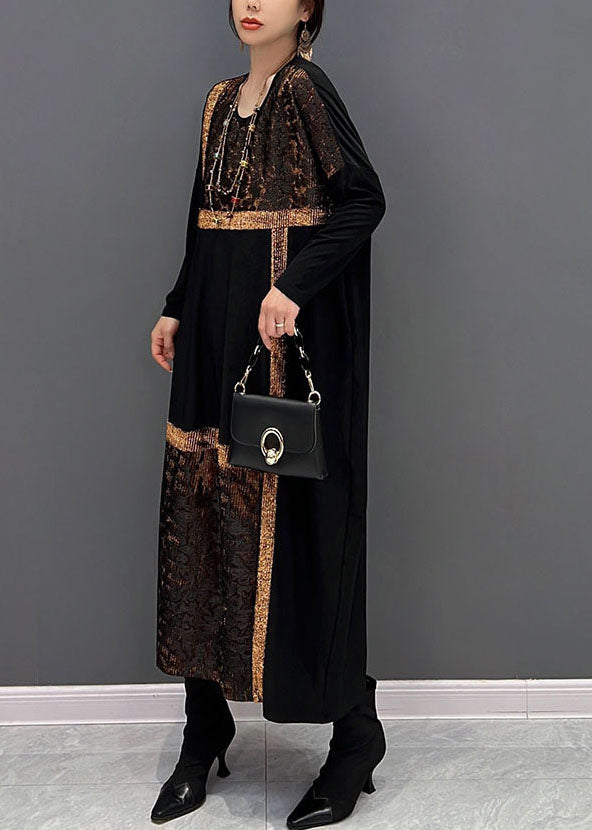 Classy Black O-neck Oversized Patchwork Cotton Long Dress Spring