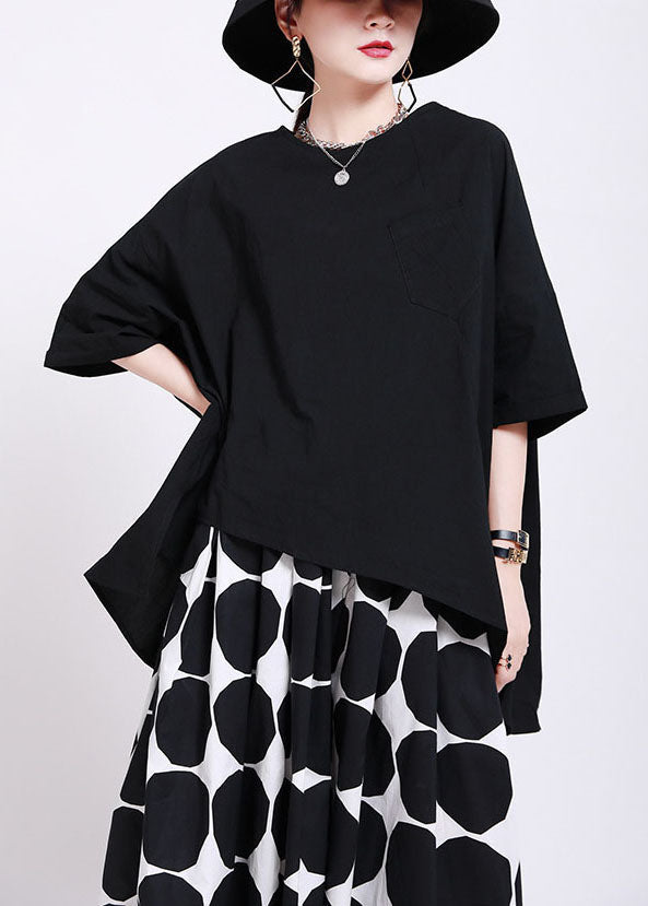 Classy Black O-neck Oversized Side Open Cotton Blouses Batwing Sleeve