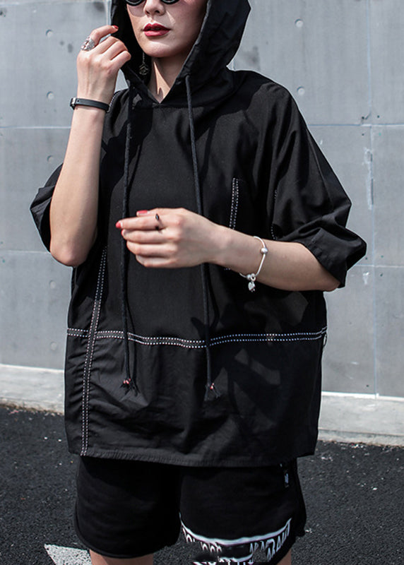 Classy Black O-neck Patchwork Drawstring Hooded Coats Half Sleeve