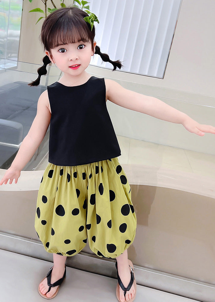 Classy Black O-neck Print Top and Crop Pants Two Piece Set Summer