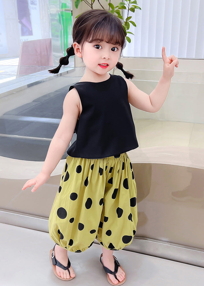 Classy Black O-neck Print Top and Crop Pants Two Piece Set Summer