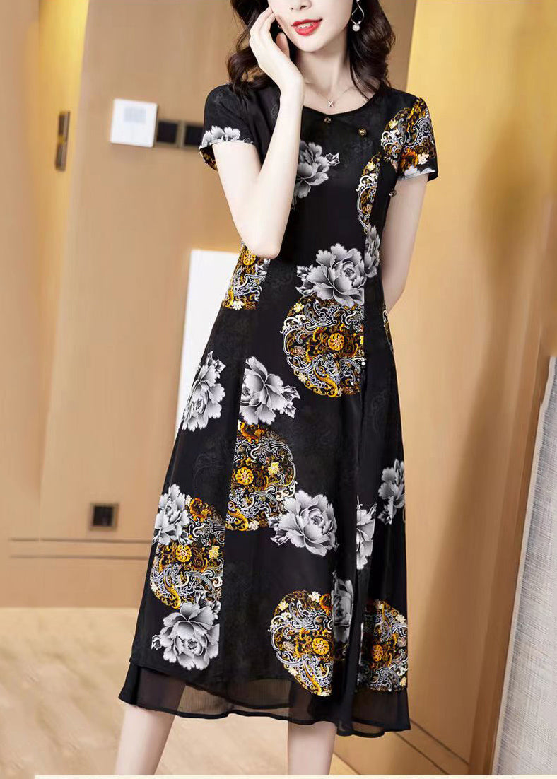 Classy Black O-neck Print Layered Design Silk Holiday Dress Short Sleeve