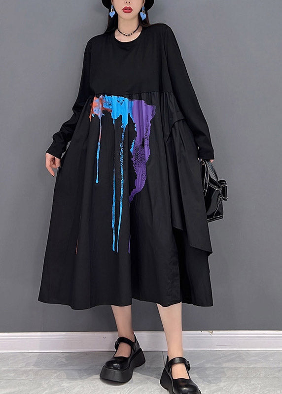 Classy Black O-neck Wrinkled Print Asymmetrical Patchwork Long Dresses Long Sleeve