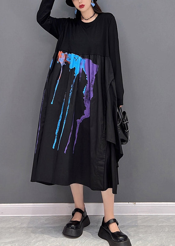 Classy Black O-neck Wrinkled Print Asymmetrical Patchwork Long Dresses Long Sleeve