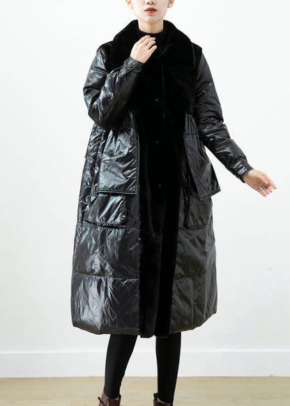 Classy Black Oversized Patchwork Mink Velvet Cotton Blend Down Jacket Winter