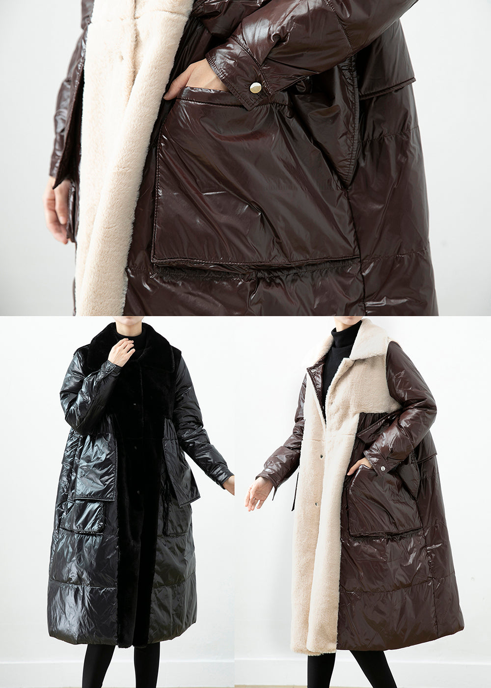 Classy Black Oversized Patchwork Mink Velvet Cotton Blend Down Jacket Winter
