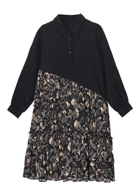 Classy Black Patchwork Button a Line Fall Long Sleeve Shirts Dress