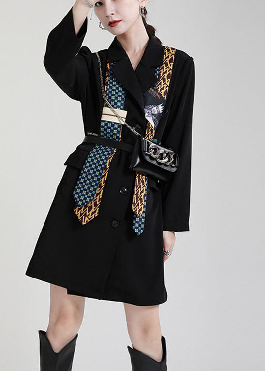 Classy Black Peter Pan Collar Button Asymmetrical Design Pockets Fall Maxi Dresses Long Sleeve