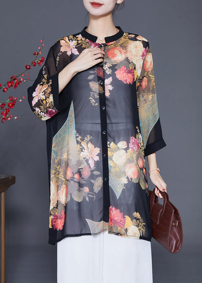 Classy Black Print Chiffon Upf 50+ Long Shirt Bracelet Sleeve