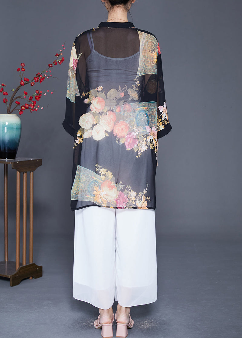 Classy Black Print Chiffon Upf 50+ Long Shirt Bracelet Sleeve