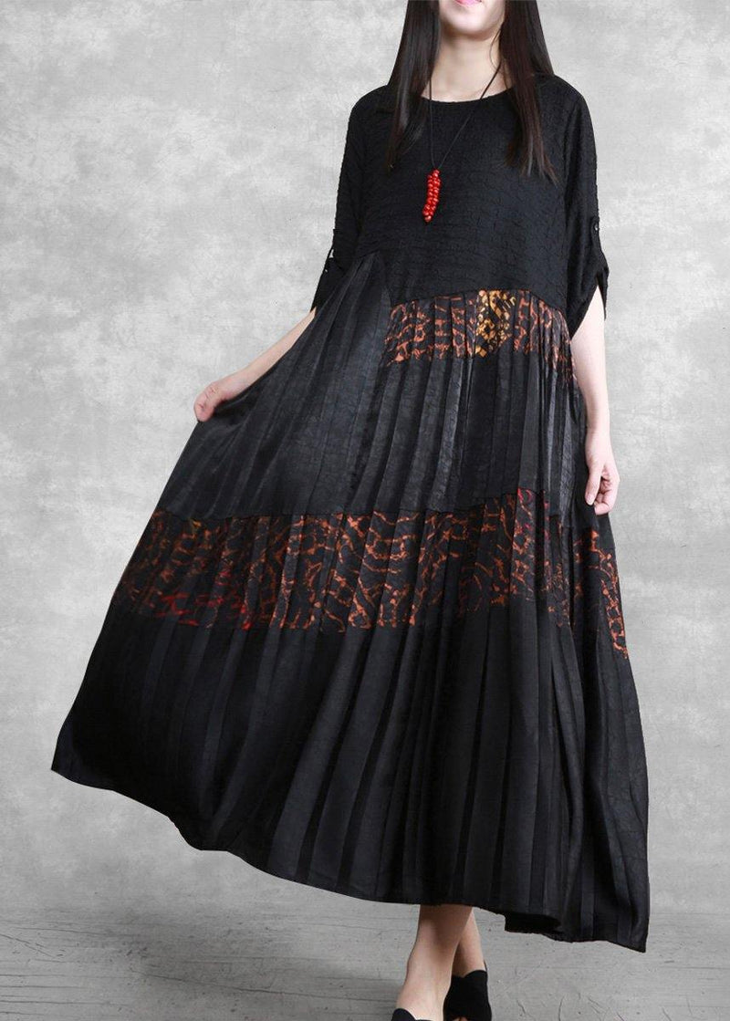 Luxy Silk Maxi Dresses Black Pleated Low High Patchwork Dress