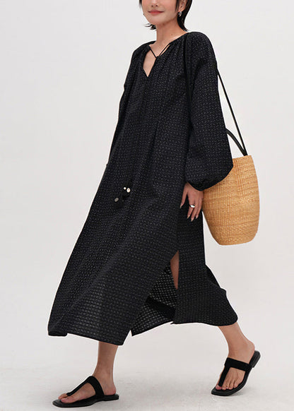 Classy Black Print Side Open Cotton Holiday Dress Fall