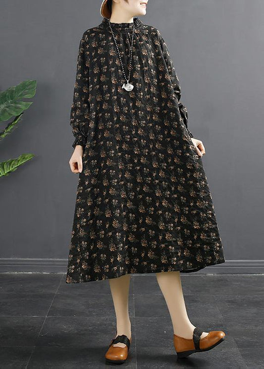 Classy Black Print Stand Collar Robes Dresses