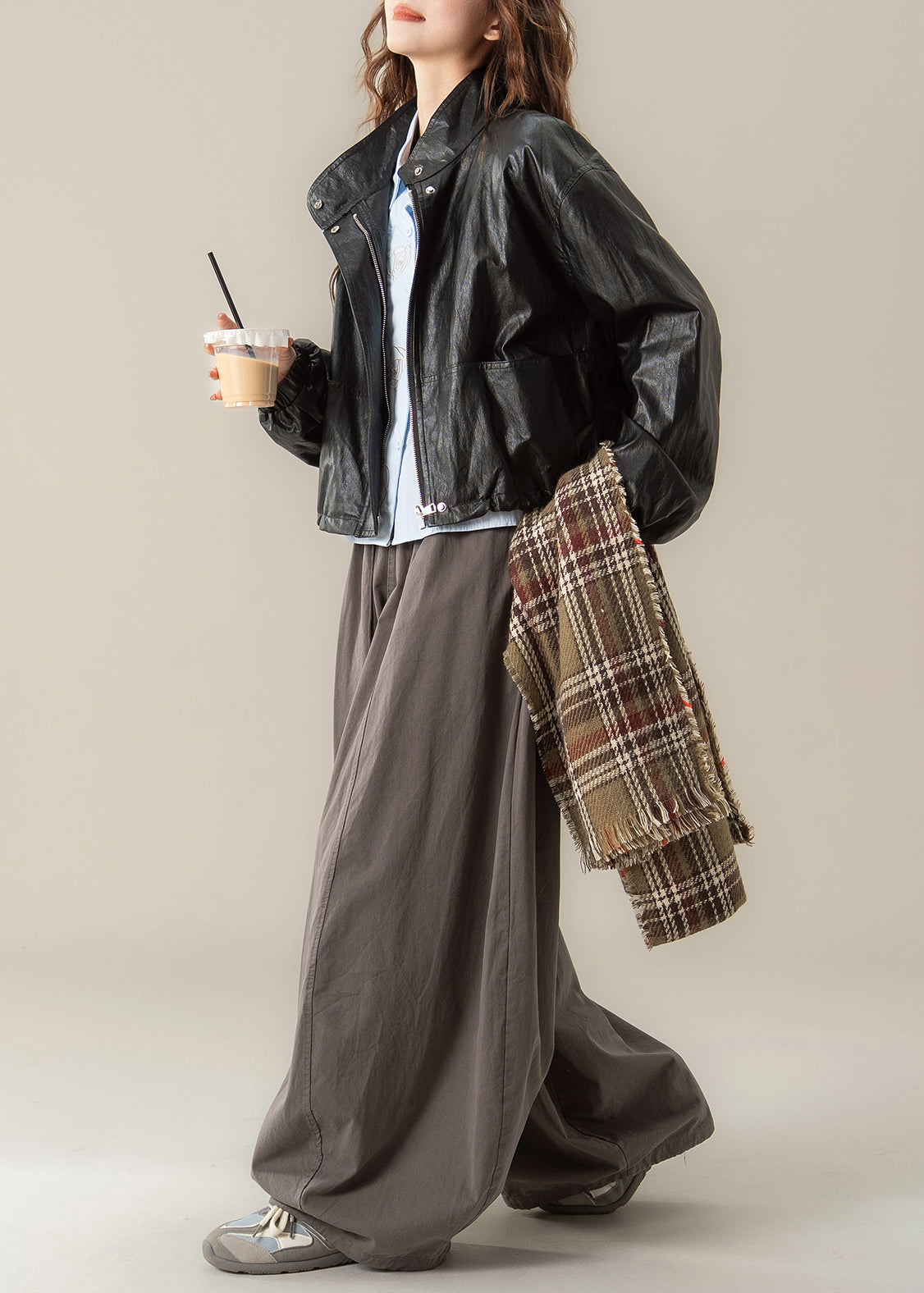 Classy Black Stand Collar Drawstring Faux Leather Coat Spring