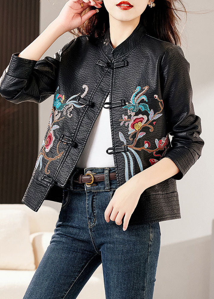 Classy Black Stand Collar Embroidered Faux Leather Coats Long Sleeve