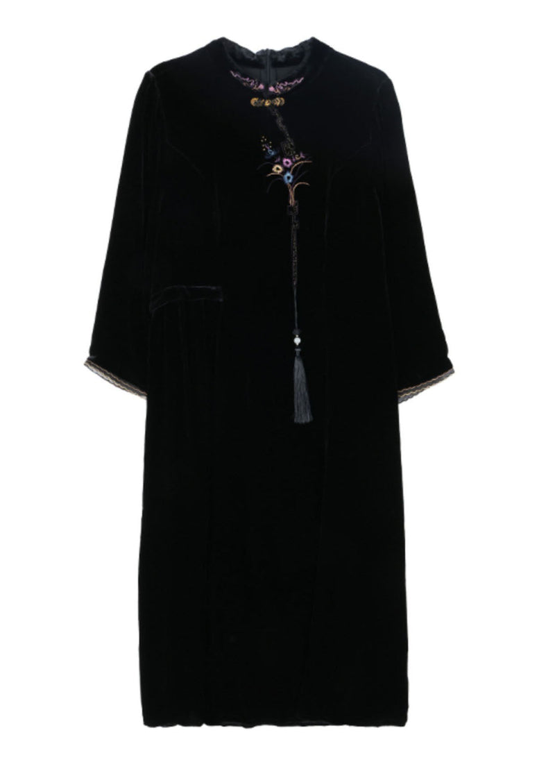 Classy Black Stand Collar Embroidered Silk Velour Maxi Dress Fall