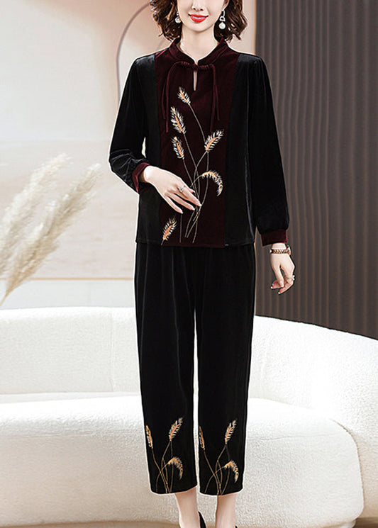Classy Black Stand Collar Print Top and Crop Pants Silk Velour Two Piece Set Fall