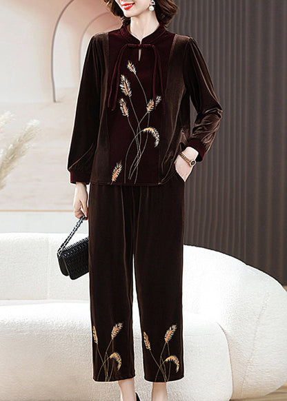 Classy Black Stand Collar Print Top and Crop Pants Silk Velour Two Piece Set Fall