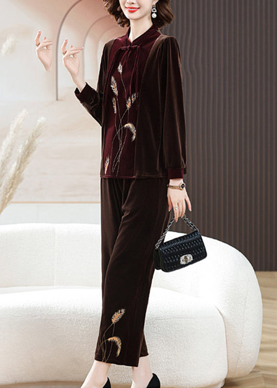 Classy Black Stand Collar Print Top and Crop Pants Silk Velour Two Piece Set Fall