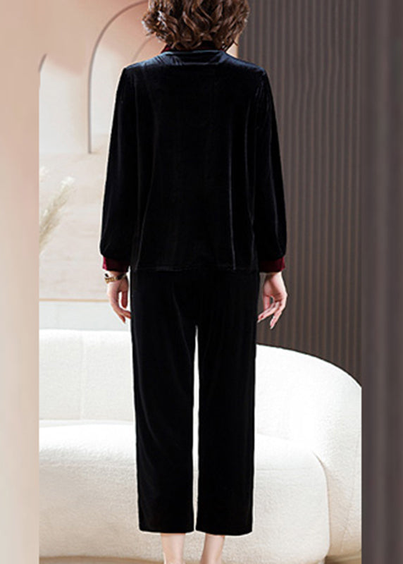Classy Black Stand Collar Print Top and Crop Pants Silk Velour Two Piece Set Fall
