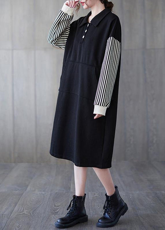 Classy Black Striped Tunic Lapel Patchwork Midi Dress