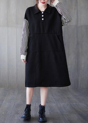 Classy Black Striped Tunic Lapel Patchwork Midi Dress