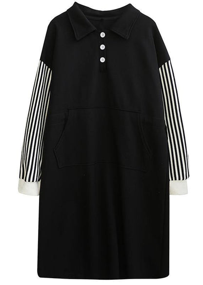 Classy Black Striped Tunic Lapel Patchwork Midi Dress
