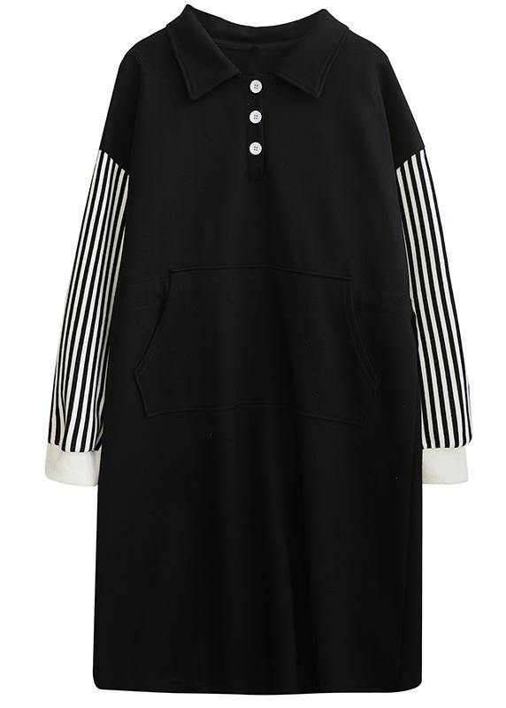 Classy Black Striped Tunic Lapel Patchwork Midi Dress