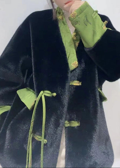 Classy Black V Neck Mink Velvet Patchwork Button Warm Leather and Fur Coat Winter
