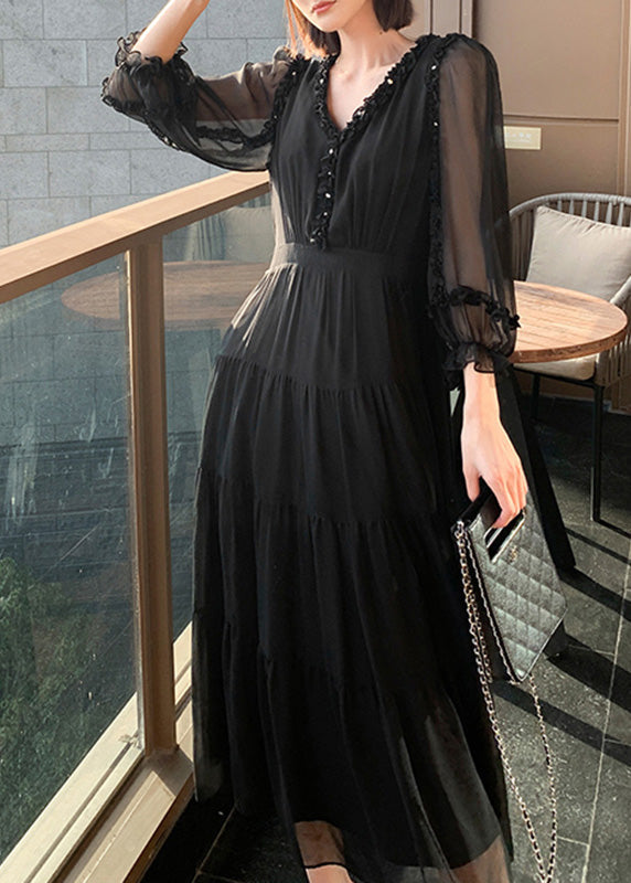 Classy Black V Neck Patchwork Tunic Button Vacation Maxi Dresses Long Sleeve