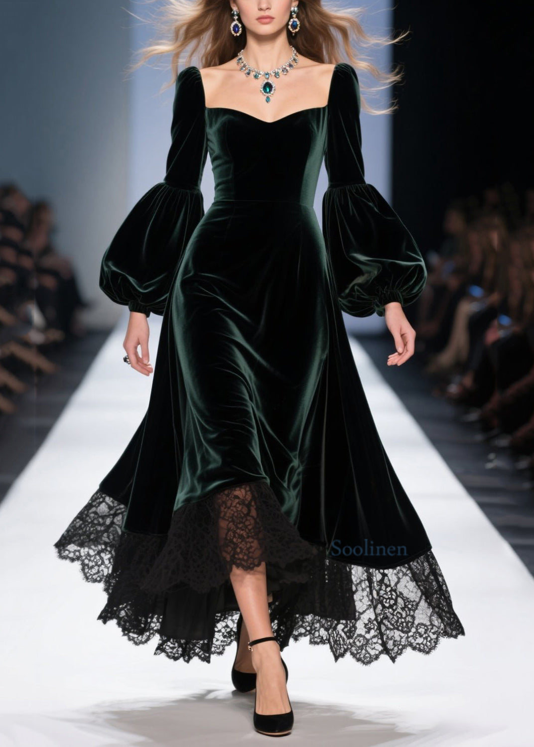 Classy Blackish Green Lace Patchwork Velvet Dresses Spring