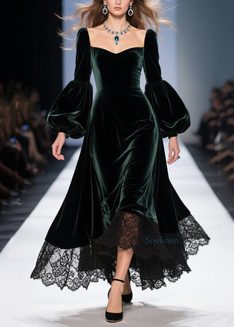 Classy Blackish Green Lace Patchwork Velvet Dresses Spring
