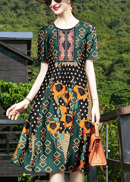 Classy Blackish Green O-neck Patchwork Silk Formal Dress Short Sleeve
