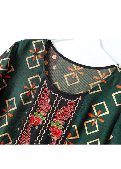 Classy Blackish Green O-neck Patchwork Silk Formal Dress Short Sleeve