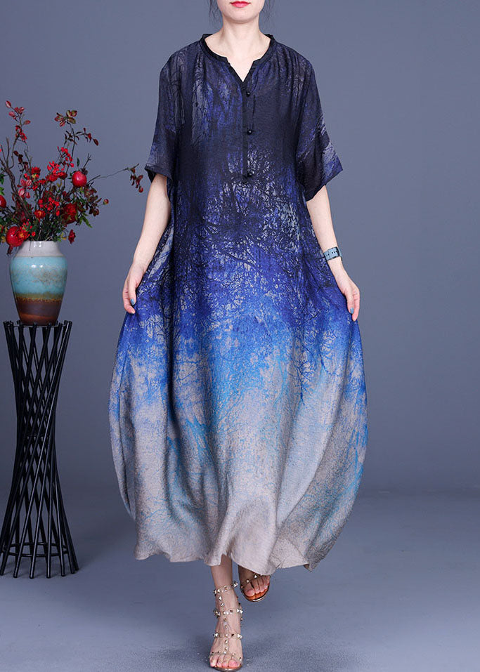 Classy Blue Button Print Fall Half Sleeve Dress