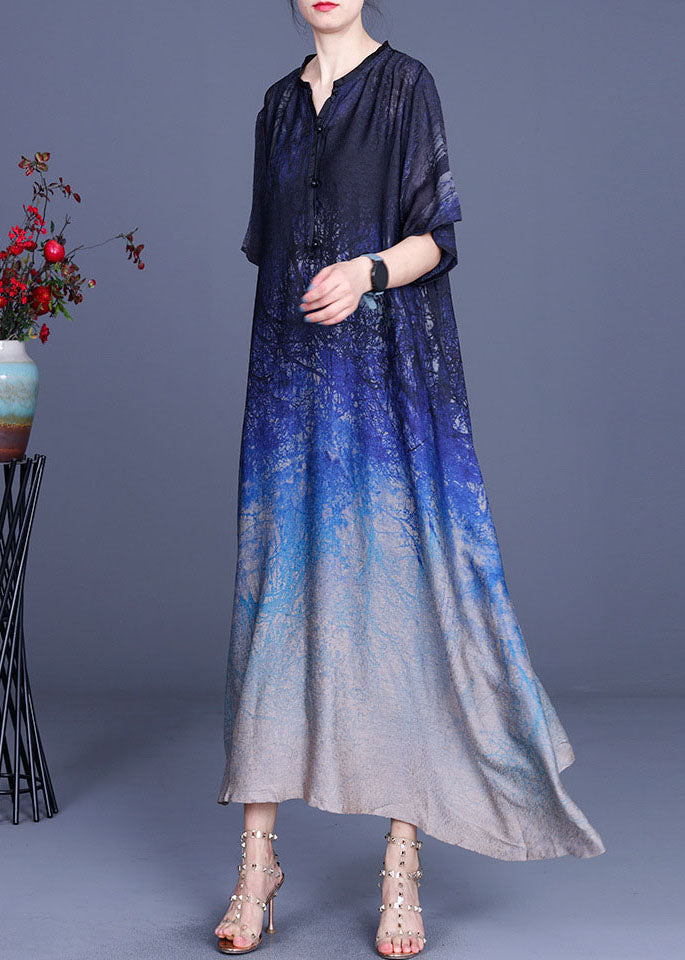 Classy Blue Button Print Fall Half Sleeve Dress