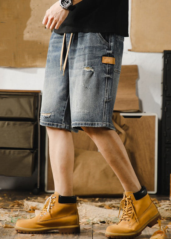 Classy Blue Hole Lace Up Denim Shorts Elastic Waist Summer