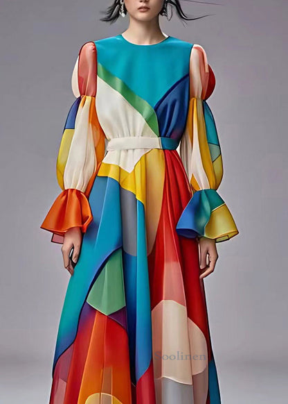Classy Blue O-neck Flattering Party Chiffon Maxi Dress Long Sleeve