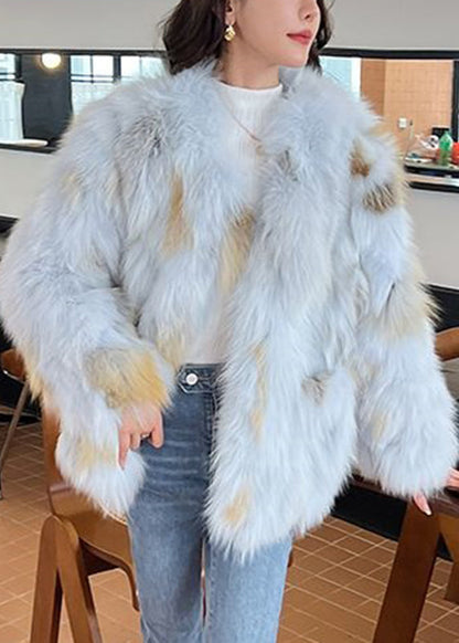 Classy Blue O-neck Leather and Fur Coat Spring