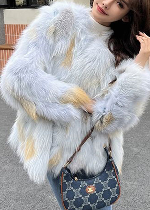 Classy Blue O-neck Leather and Fur Coat Spring