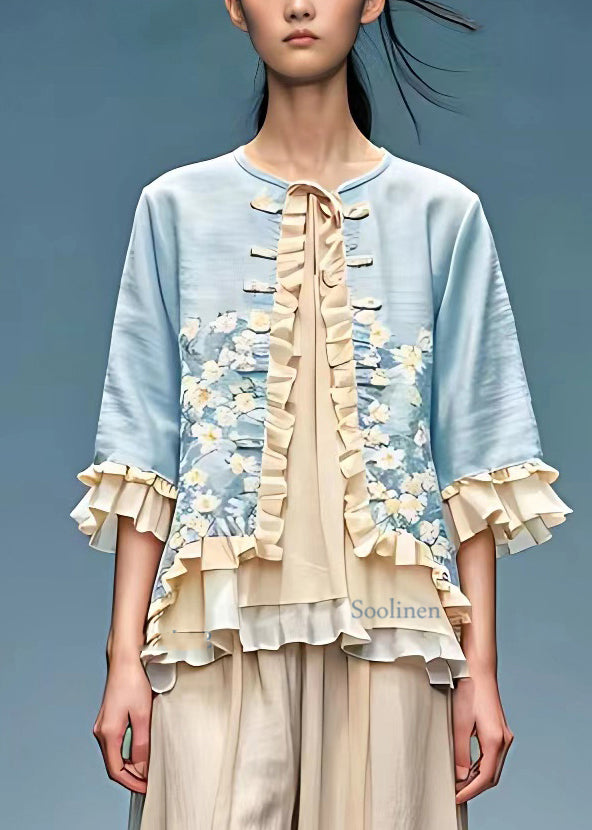 Classy Blue O-neck Tie Lace Coats Bracelet Sleeve