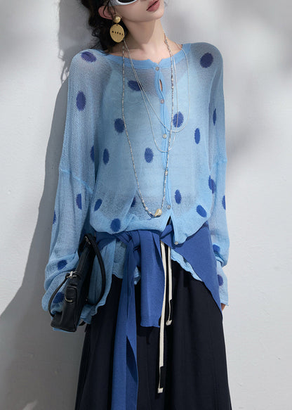 Classy Blue Oversized Print Knit Upf 50+cardigans Spring